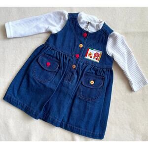 Vintage 90s Piano Kids Fashion Jumper Dress & Shirt Set Girls 2T Denim Floral